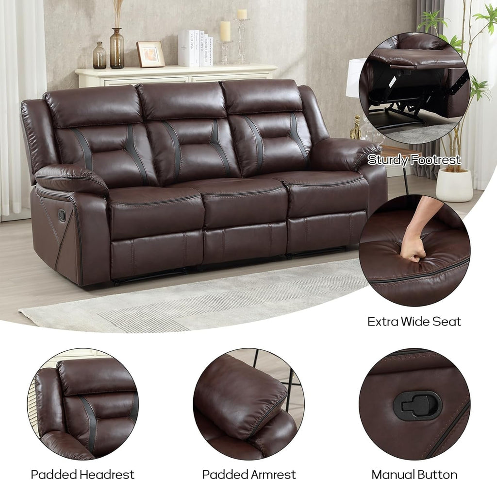 Three Seat Manual Reclining Sofa Dark Brown Faux Leather-2