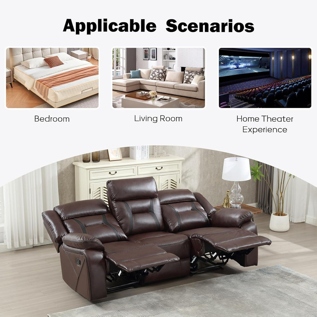 Three Seat Manual Reclining Sofa Dark Brown Faux Leather-4
