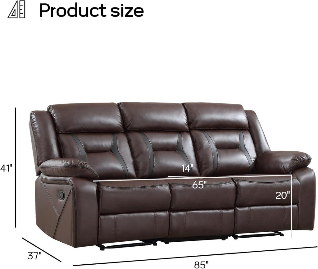 Three Seat Manual Reclining Sofa Dark Brown Faux Leather-1