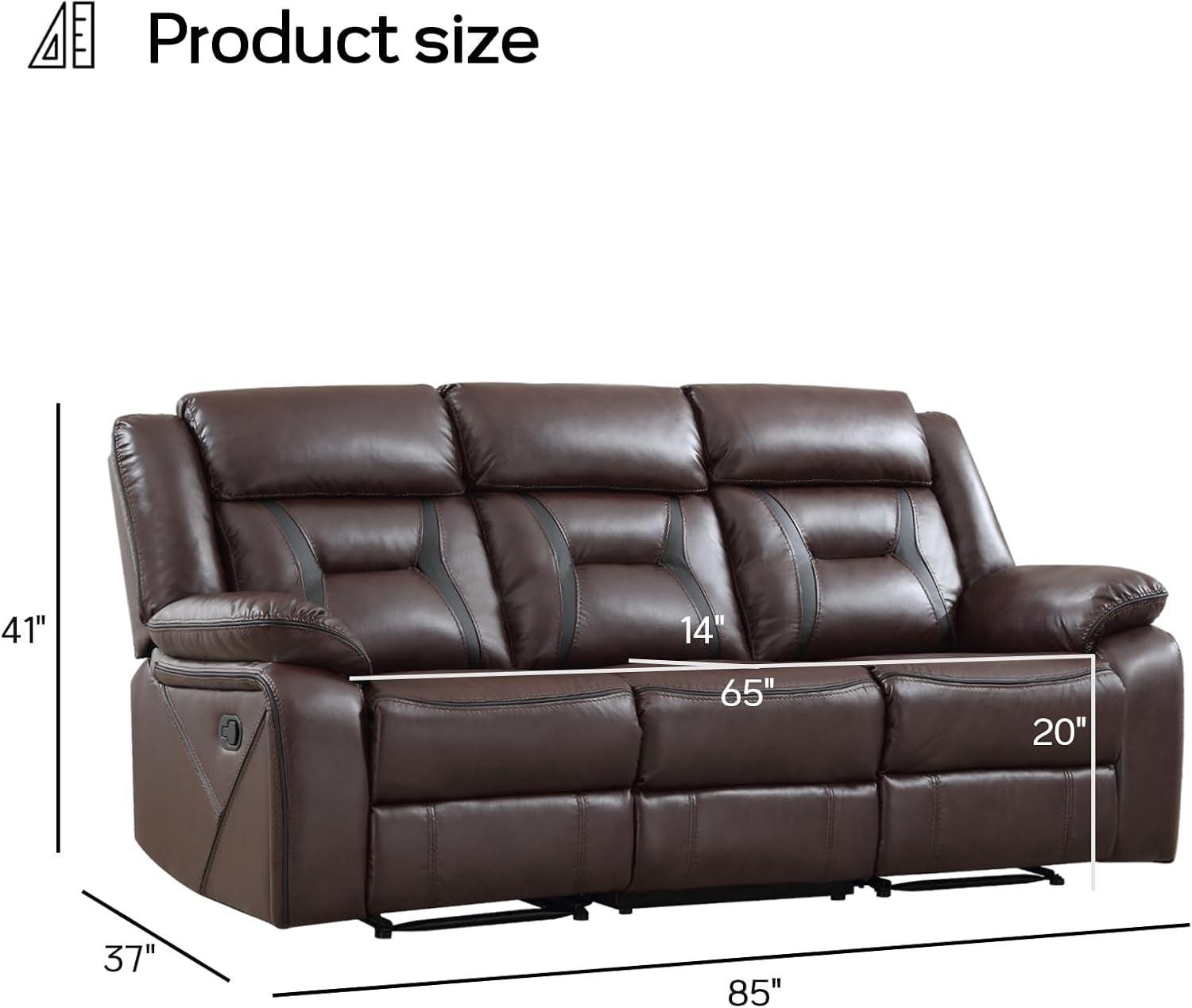 Three Seat Manual Reclining Sofa Dark Brown Faux Leather-1