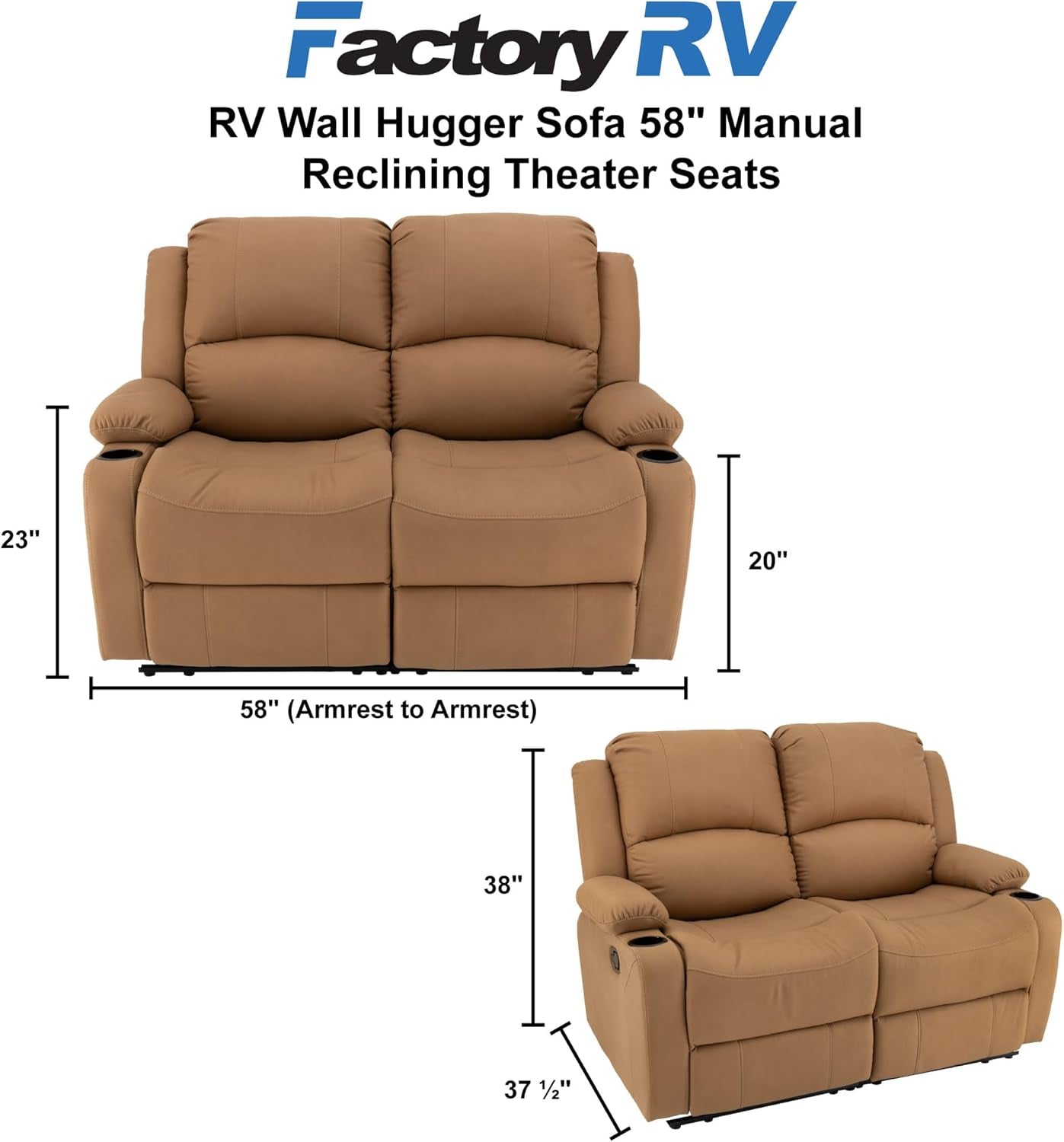 58 Inch Wall Hugger RV Theater Recliner Sofa Sand Double